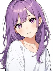 Sticker - portrait of purple hair young girl posing shy cute on plain white background anime cartoon style from Generative AI