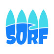 Logo club de surf. Silueta de tablas de surf formando la palabra surf con olas de mar en su interior formando paisaje marino