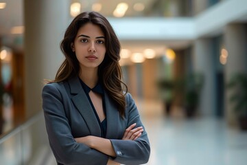 a beautiful woman wearing business attire standing confidently inside an office building. her arms are crossed and determination has success at work. generative AI