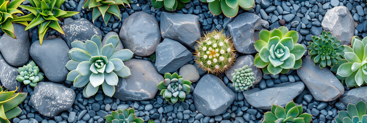 Collection of cactus and succulent gardens on the rocks