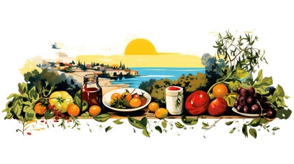 Mediterranean flavor cartoon illustration - Generative AI. Island, house, sea, tomato, grape.