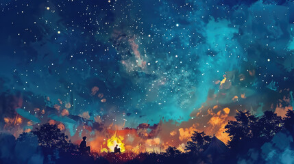 Wall Mural - a dark night sky illuminated by countless stars and dotted with fluffy clouds