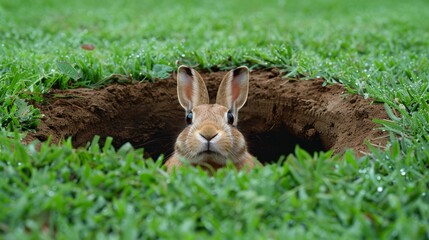Wall Mural -   A rabbit emerges from its hole, surrounded by a dense grass field
