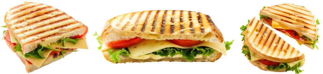 Wall Mural - Panini sandwich bundle, with lettuce, tomato and cheese, isolated on a transparent background