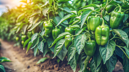 A vibrant display of ripe green peppers nestled among lush green leaves in a home farm’s garden. The image beautifully captures the bounty of nature and the joy of home gardening.