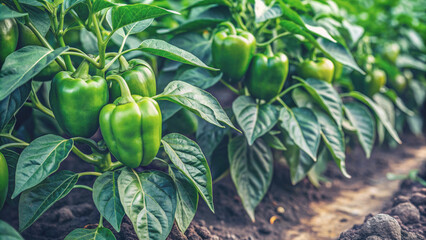 Wall Mural - A vibrant display of ripe green peppers nestled among lush green leaves in a home farm’s garden. The image beautifully captures the bounty of nature and the joy of home gardening.