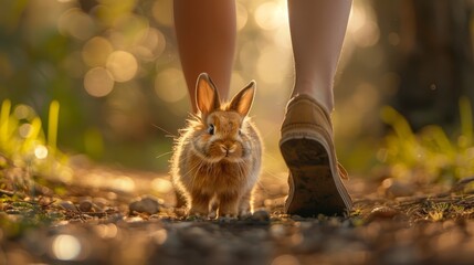   A tight shot of legs beside a foreground bunny, background rabbit included
