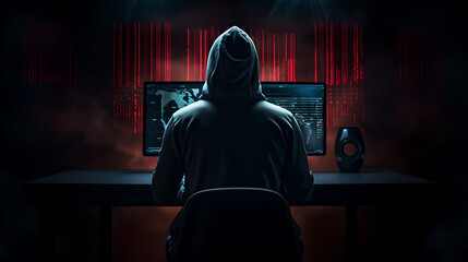 on dark room with red lights neon Back view of an anonymous person in a hoodie sitting in front of a computer working in hacking sites , scamming people , hacker style matrix ,cybersecurity hack 