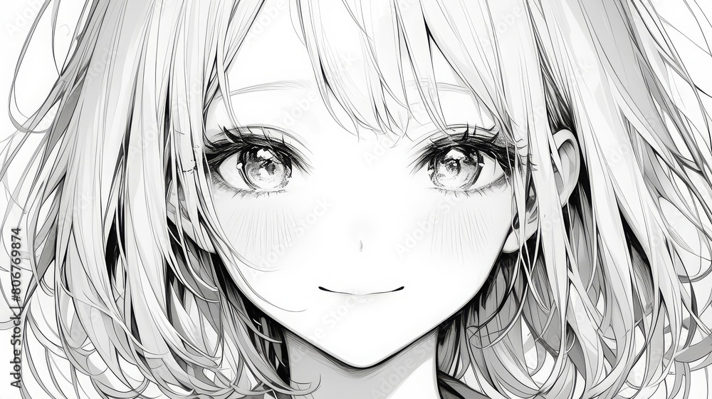 アニメ風女の子モノクロイラスト,Generative AI AI画像 の Stock