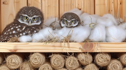 Wall Mural -   Two owls perch side by side on a wooden shelf, above a stack of intertwined yarn balls