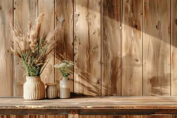 Flower vase on wooden table with beautiful Scandinavian wooden wall.