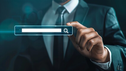 Business man clicking internet search page on computer touch screen. Searching Browsing Internet Data Information Networking Concept.	
