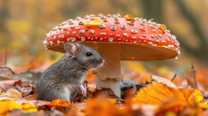 Wall Mural -   A mouse before a red-capped mushroom, paws touching the ground