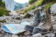 Hiking boots and map on rocky mountain trail
