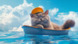 Chubby British Blue cat in sailor hat floating in a boat