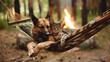 Pets napping together in hammock near campfire in woods