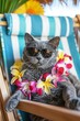 Sunglasses-wearing Russian Blue cat lounging with tropical lei