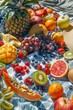 Colorful fruit assortment spread on picnic blanket outdoors