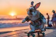Skating rabbit with sunglasses at beach during golden hour