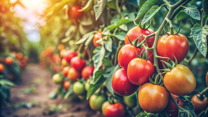 Wall Mural - A vibrant display of ripe tomatoes hanging from lush bushes in a home farm’s vegetable garden. The image beautifully captures the bounty of nature and the joy of home gardening.