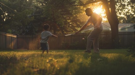 Man teaching young boy to hit baseball with bat in backyard.