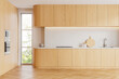 Wooden home kitchen interior with cooking cabinet and panoramic window