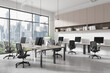 Business office interior with coworking zone with shelf, panoramic window