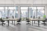 Fototapeta Przestrzenne - A modern office work space with desks, chairs, and computers cityscape background concept of corporate environment. 3D Rendering