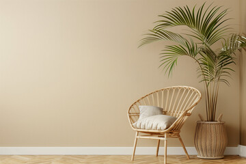 Wicker rattan chairs with potted plants in the beige living room