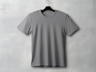 Wall Mural - Casual t-shirt mockup, back view, displayed on a hanger against a neutral gray background,