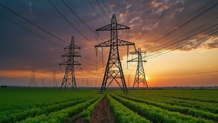 Sunset over green fields with high voltage power tower