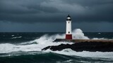 Fototapeta Morze - Stormy sea with towering waves around a steadfast lighthouse