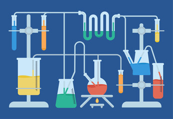 Poster - Science chemistry research. Medical or chemical laboratory tools and equipment, glassware and tubes system. Science test decent vector concept