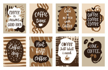 Wall Mural - Coffee cards design. Creative posters or banners with handwritten lettering phrases and doodle grunge elements. Stylish coffee shop neoteric vector elements