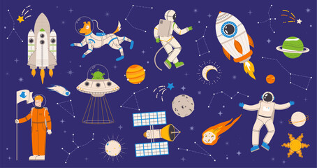 Wall Mural - space explorers set. ufo in spaceship, satellite and astronauts. different cartoon cosmonauts, star 