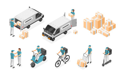 Sticker - Isometric couriers. Delivery service characters and transport. Courier with parcel and cardboard boxes. Cargo truck, logistic workers flawless vector set