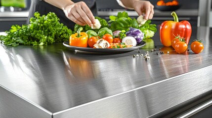 Wall Mural - a professional cook placing food on her stainless steel kitchen table.