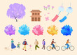 Delicate Japan travel elements. Floral, buildings, wind chimes and people isolated on beige background.