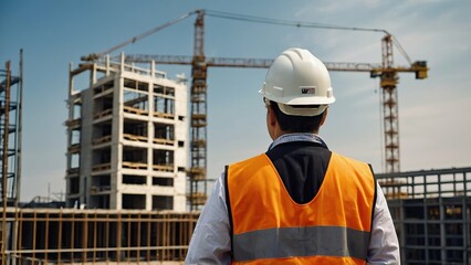 Engineer overlooking a construction site with buildings