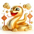 horizontal left to right 3d chinese happy gold snake with happy face, lunar new year theme, white background