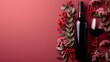 Wine bottle and glass on red background