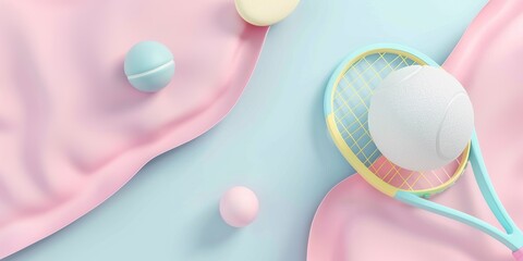 Canvas Print - Tennis ball and racket in 3d style on pastel colors with space for text