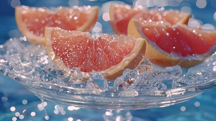 Wall Mural -   A tight shot of a grapefruit platter with water cascading over the plate's edge