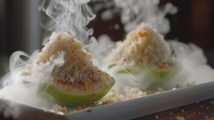 Wall Mural -   A tight shot of a steaming plate of food, with vapor escaping from both the food's surface and plate's bottom