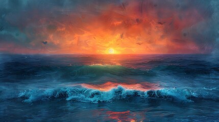 Wall Mural - Artistic interpretation of tropical waters at sunset, where the aqua blues merge with the orange hues of the setting sun, creating a dreamy, watercolor effect.