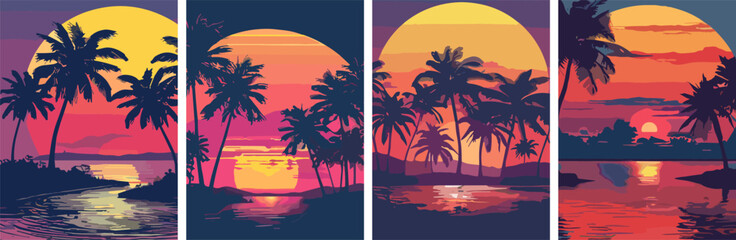 Wall Mural - retro sunset posters set 80s and 90s style with palm trees beach. abstract background. poster set