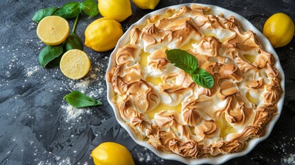 Wall Mural -   A pie atop a black table, surrounded by lemons and a green, leafy garnish