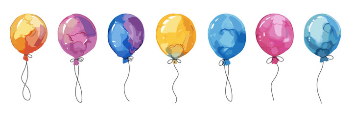 Sticker - Watercolor colorful baloon set. Birthday baloons with strings anf bows