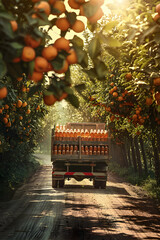 Wall Mural - Cargo truck carrying bottles with tangerine juice in an orchard with sunset. Concept of food and drink production, transportation, cargo and shipping.