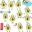 Set digital collage of funny avocado character mascot making gym and sports